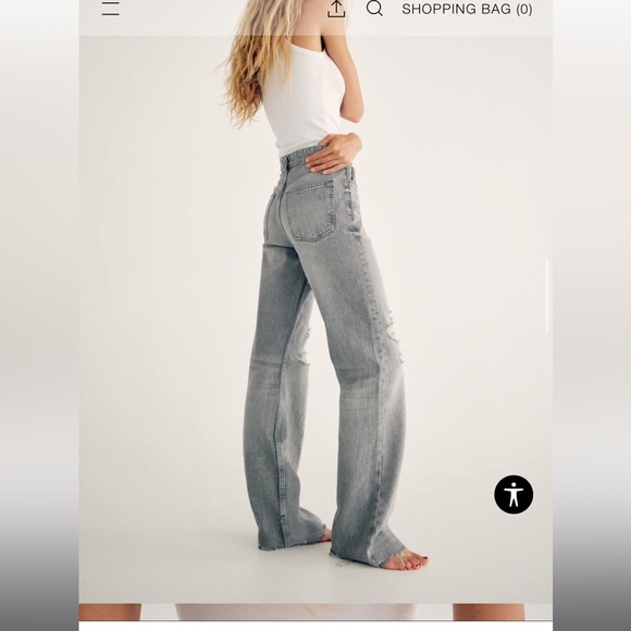 Zara size 2 HIGH-WAISTED distressed- WIDE LEG - FULL LENGTH light gray jeans - Picture 9 of 9